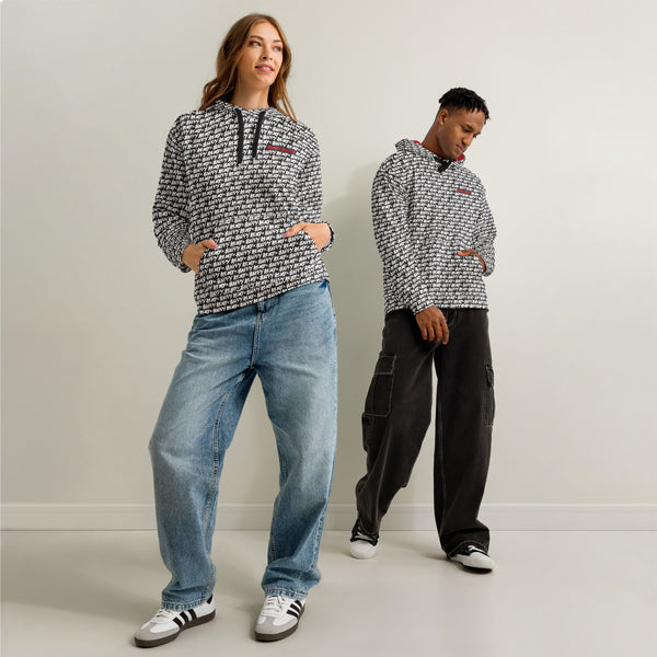 Unisex hoodie with black and white all-over pattern and red Army of Happy logo