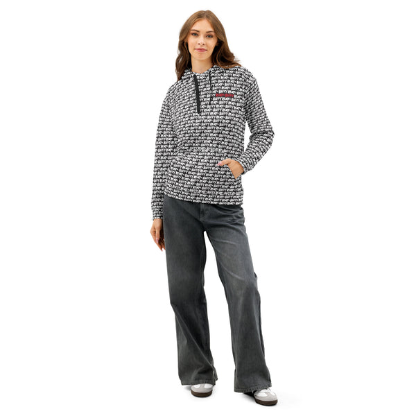 Front view of AOH Lounge Hoodie with all-over Army of Happy logo print