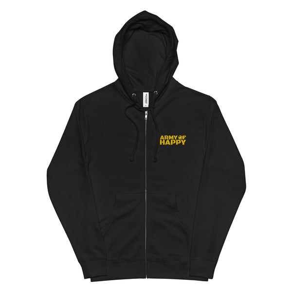 “Mid-weight zip-up hoodie with brick-style lettering”
