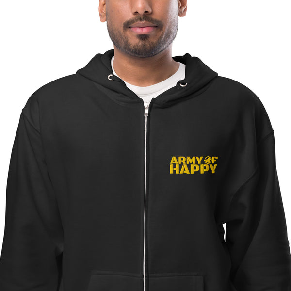 “Mid-weight zip-up hoodie with brick-style lettering”