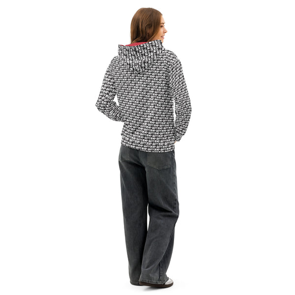 Back view of AOH Lounge Hoodie featuring monochrome pattern