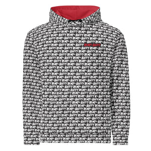 Kangaroo pocket on black and white hoodie with contrasting red logo design