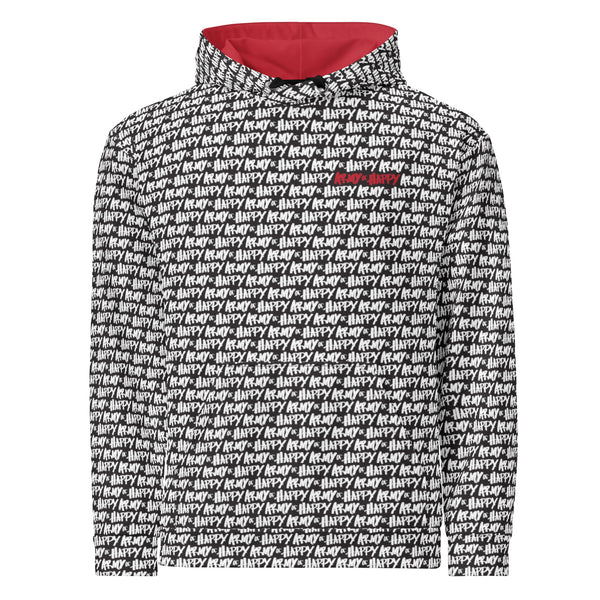 Kangaroo pocket on black and white hoodie with contrasting red logo design
