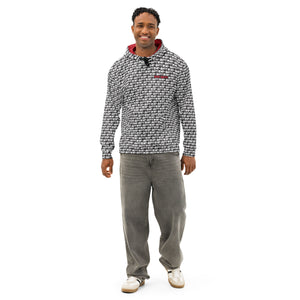 Model wearing black and white AOH Lounge Hoodie with small red chest log