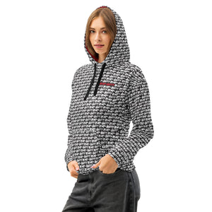 AOH patterned hoodie showing red accent against bold black and white print