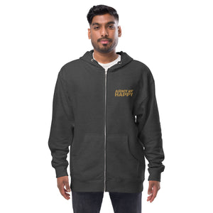 “Warm fleece hoodie with full zipper and playful logo”