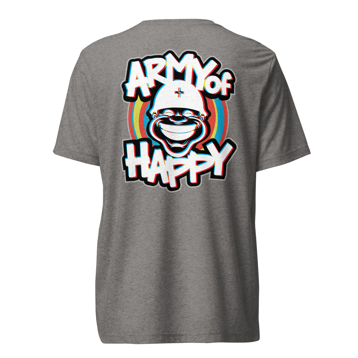 Alternate back view of the grey triblend 3D Happy Soldier T-shirt by Army of Happy.
